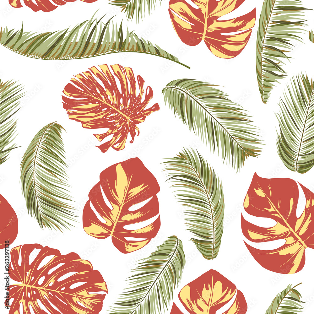 Summer Exotic Floral Tropical Palm, Philodendron Leaf. Jungle Leaf Seamless Pattern. Botanical Plants Background. Eps10 Vector. Summer Tropical Palm Wallpaper for Print, Fabric, Tile, Wallpaper, Dress