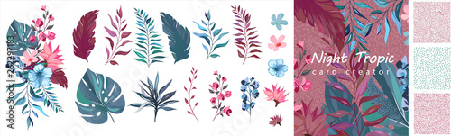 set exotic leaves. Tropical collection with flowers. Floral poster, invite. Vector decorative greeting card creator or Botanic invitation design.