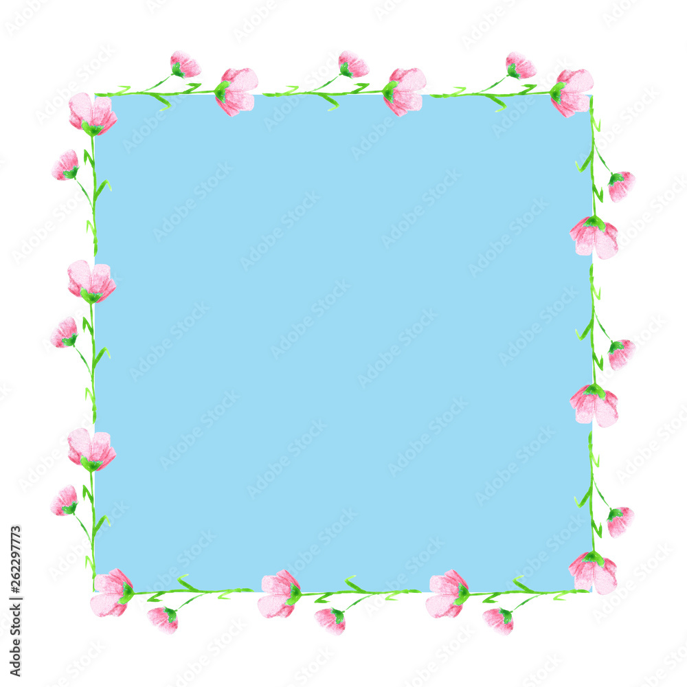 Frame of pink buttercups on blue background. Watercolor background illustration set. Watercolour drawing fashion aquarelle. Frame border ornament square.