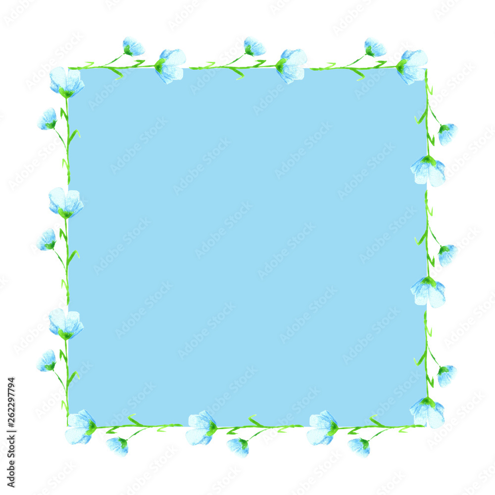 Frame of blue buttercups on blue background. Watercolor background illustration set. Watercolour drawing fashion aquarelle. Frame border ornament square. Frame of blue buttercups on blue background. Watercolor background illustration set. Watercolour drawing fashion aquarelle. Frame border ornament square.