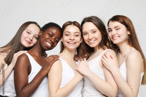 five multiracial, african american, european and asian girls