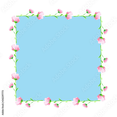 Frame of pink buttercups on blue background. Watercolor background illustration set. Watercolour drawing fashion aquarelle. Frame border ornament square.