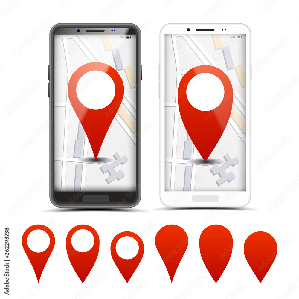 GPS Navigator Red Pointers, Vector Markers Set. City Map Pointer, Pinpoint On Smartphone Screen. Location, Destination. Route, Path Finding. Delivery, Shipping Services Realistic Illustration GPS Navigator Red Pointers, Vector Markers Set. City Map Pointer, Pinpoint On Smartphone Screen. Location, Destination. Route, Path Finding. Delivery, Shipping Services Realistic Illustration