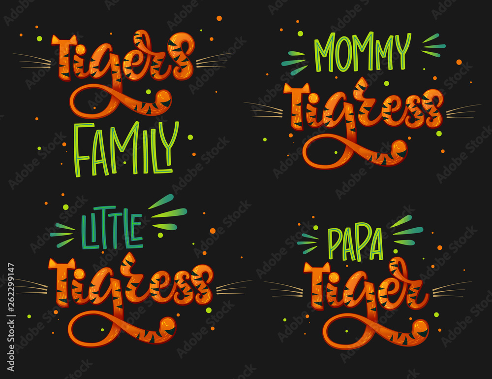 Fototapeta premium Tigers Family set color hand draw calligraphy script lettering text whith dots, splashes and whiskers decore.
