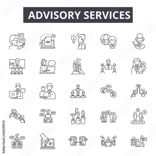Advisory services line icons, signs set, vector. Advisory services outline concept illustration: advisory,business,service,information,communication,concept