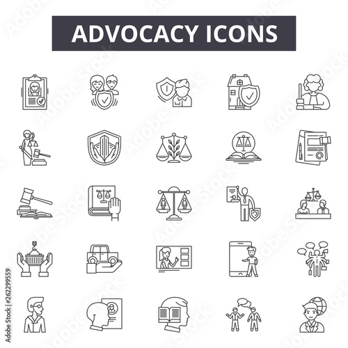 Advocacy line icons, signs set, vector. Advocacy outline concept illustration: advocacy,business,concept,deadvocate,law,court,idea