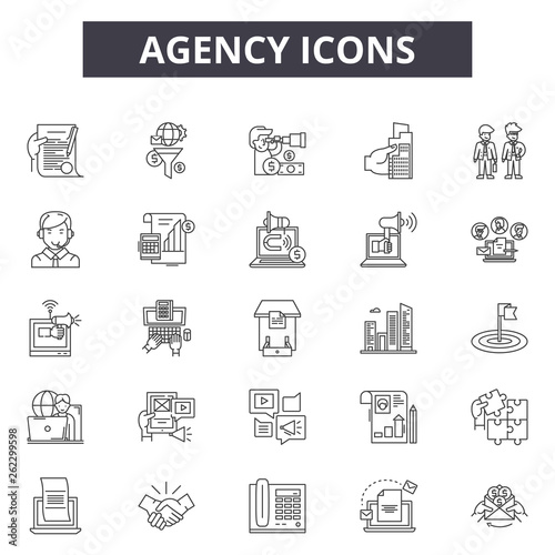 Agency line icons, signs set, vector. Agency outline concept illustration: business,deagency,web,creative,digital,flat