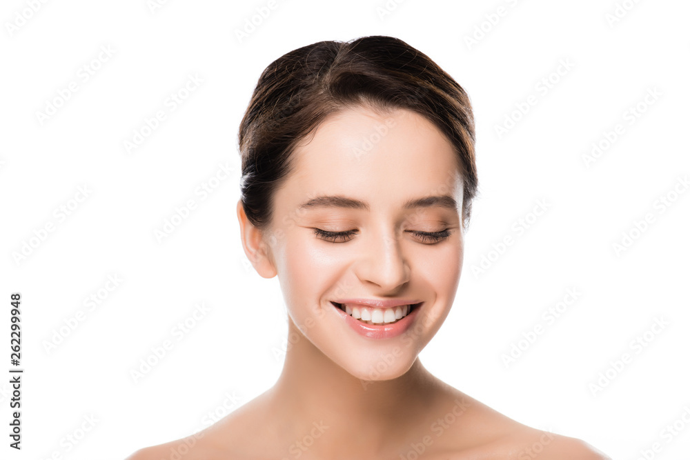 cheerful young brunette woman smiling isolated on white cheerful young brunette woman smiling isolated on white