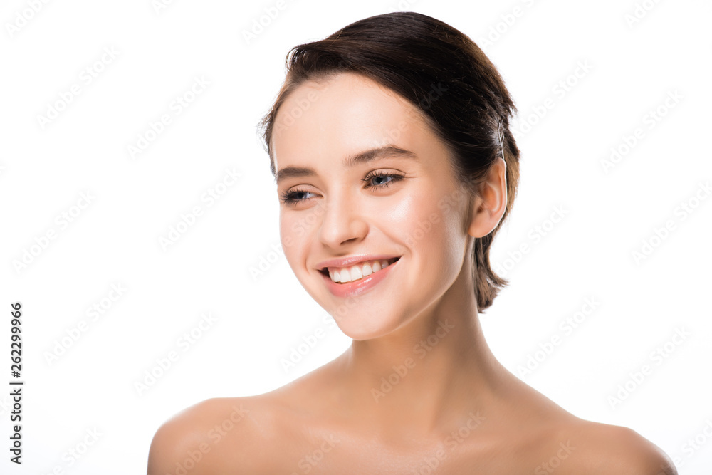 cheerful nude brunette girl smiling isolated on white cheerful nude brunette girl smiling isolated on white