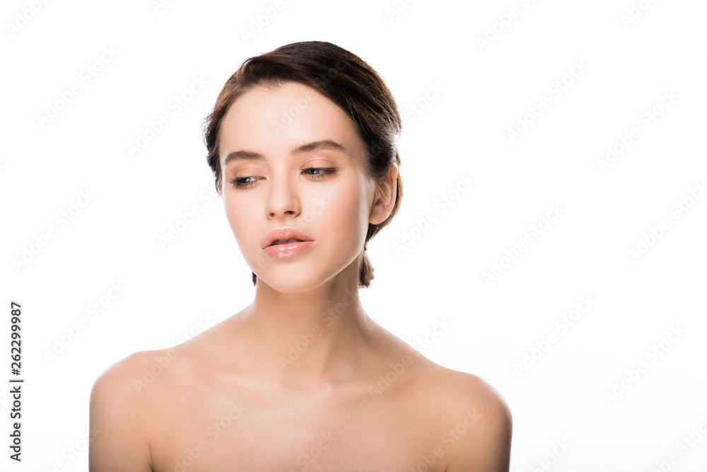 close up of cosmetologists in latex gloves touching face of girl while holding syringes isolated on white close up of cosmetologists in latex gloves touching face of girl while holding syringes isolated on white