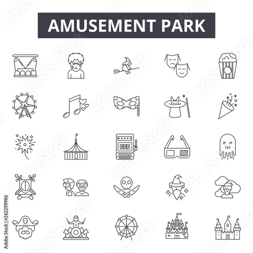 Amusement park line icons, signs set, vector. Amusement park outline concept illustration: park,fun,amusement,entertainment,circus,funfair,carousel
