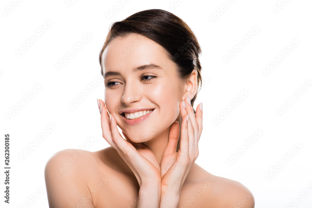 cheerful young brunette woman touching face isolated on white cheerful young brunette woman touching face isolated on white