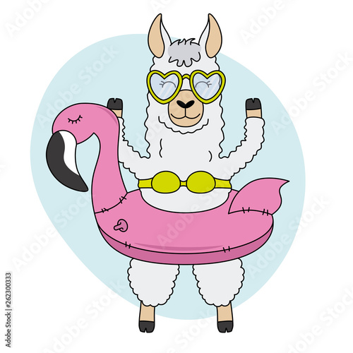Llama with float and swimsuit