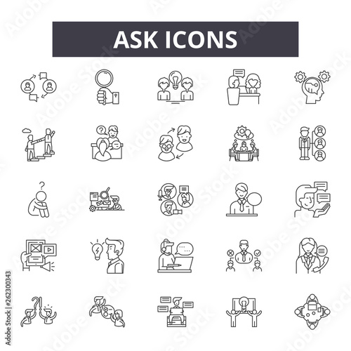 Ask line icons, signs set, vector. Ask outline concept illustration: help,ask,faq,flat,question