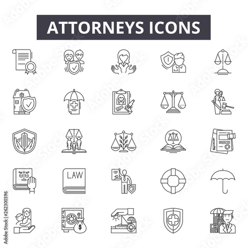 Attorneys line icons, signs set, vector. Attorneys outline concept illustration: law,attorney,court,lawyer,justice,judge,legal,crime
