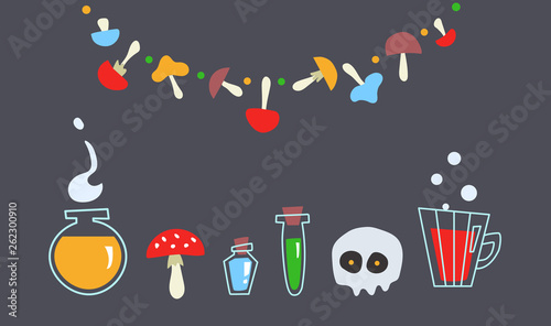 Festive composition on the theme of potion-making and magic. Set of witches. Good for use on a Halloween or a children's holiday.