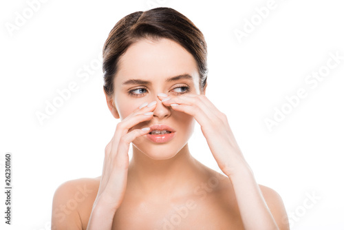 Obraz na płótnie beautiful naked woman touching nose after rhinoplasty isolated on white