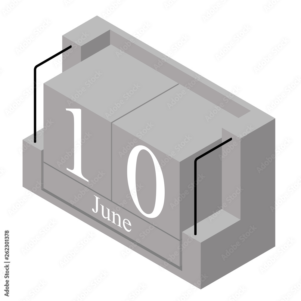 June 10th date on a single day calendar. Gray wood block calendar present date 10 and month June isolated on white background. Holiday. Season. Vector isometric illustration June 10th date on a single day calendar. Gray wood block calendar present date 10 and month June isolated on white background. Holiday. Season. Vector isometric illustration