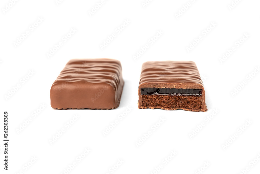 Chocolate bar with cherry jelly isolated on white background. Chocolate bar with cherry jelly isolated on white background.