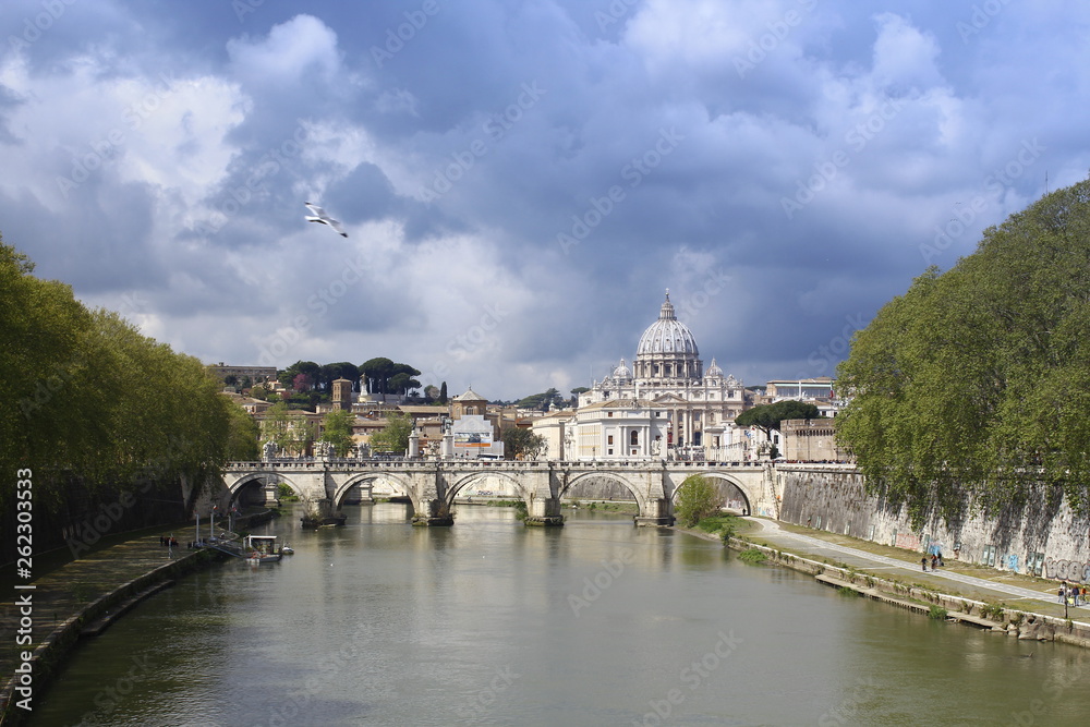 Eternal City view of Holy See over Tevere river in a cloudy day, Rome, Lazio, Italia