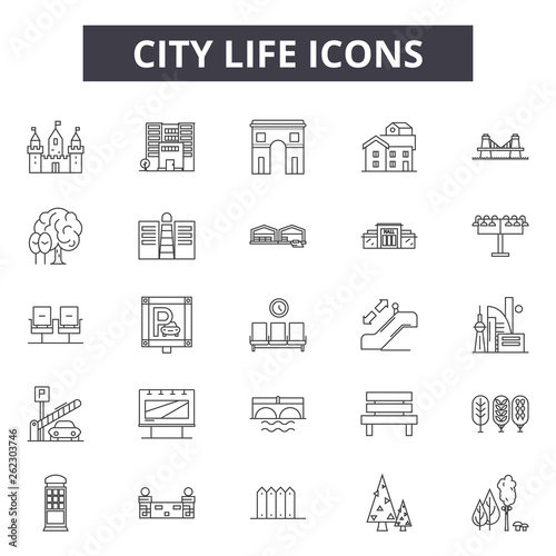 City life line icons, signs set, vector. City life outline concept illustration: life,building,city,graphic,concept,background,urban