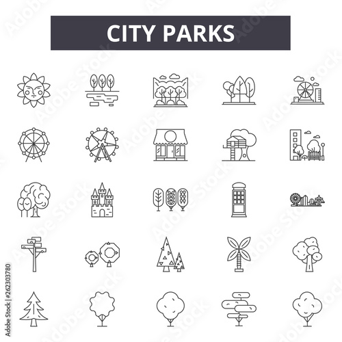 City parks line icons, signs set, vector. City parks outline concept illustration: city,park,tree,delandscape,flat