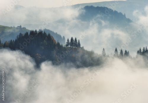 autumn morning. foggy sunrise in the Carpathian mountains. picturesque morning