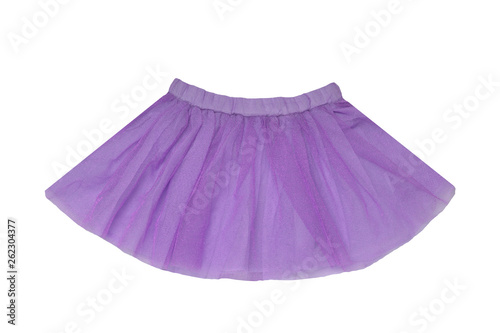 Girls clothes. Festive beautiful purple glistening little girl short summer skirt isolated on a white background. Ballerina kids clothes. photo
