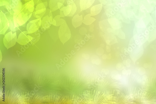 Abstract bright spring or summer landscape texture with natural green bokeh lights  leaves  flowers and a meadow with bright sunny rays. Spring or summer background with copy space.