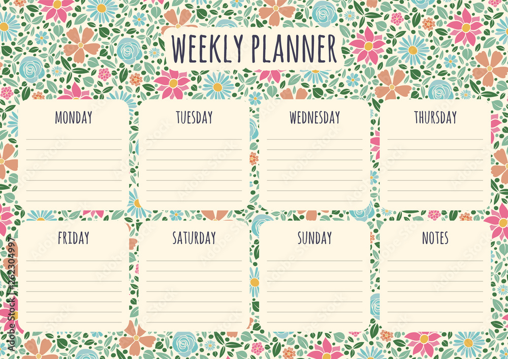 Colorful weekly planner template with floral background. Vector