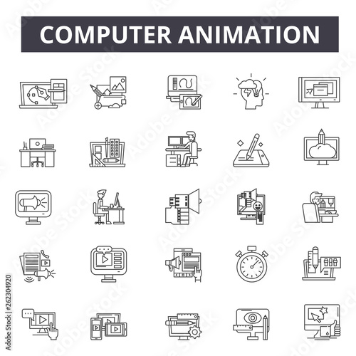 Computer animation line icons, signs set, vector. Computer animation outline concept illustration: animation,computer,devideo,technology,web