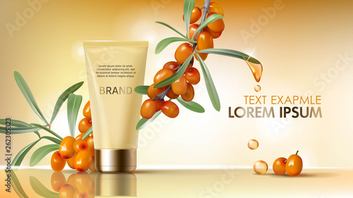 Sea buckthorn cosmetics vector realistic ads poster. Elegant packaging, tube with cosmetic hand, face cream, branch with juicy orange seaberry, olive green leaves and golden oil drops, magazine mockup