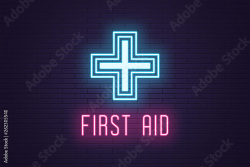 Neon composition of Medical Cross. First Aid
