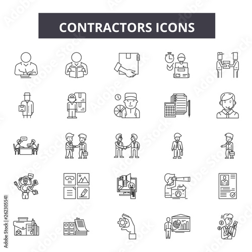 Contractors line icons, signs set, vector. Contractors outline concept illustration: contractor,construction,engineer,worker,builder,industrial,industry
