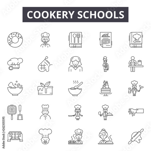 Cookery schools line icons, signs set, vector. Cookery schools outline concept illustration: chef,cookery,kitchen,food,cook,restaurant,cooking,logo