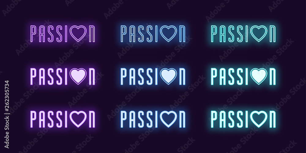 Neon icon set of Passion word. Vector glowing art Neon icon set of Passion word. Vector glowing art