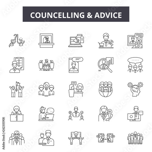 Councelling line icons, signs set, vector. Councelling outline concept illustration: man,people,councelling,person,couple,woman,hug photo