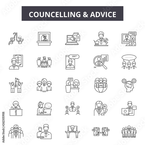 Councelling line icons, signs set, vector. Councelling outline concept illustration: man,people,councelling,person,couple,woman,hug