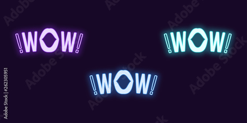 Neon icon set of Wow phrase. Vector glowing text