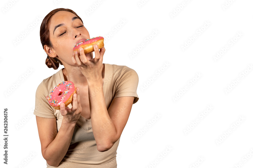 Woman eating a huge donut, Breaking diet with a mouth watering cake Woman eating a huge donut, Breaking diet with a mouth watering cake