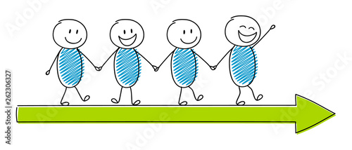 Group of funny cartoon stickmanwith arrow. Vector