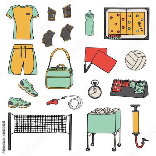 Set of doodle volleyball ball, clothes, shoes, etc. icons set. Sport team equipment and accessories. Hand drawn color vector illustration