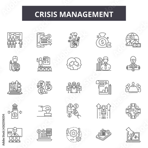 Crisis management line icons, signs set, vector. Crisis management outline concept illustration: crisis,business,concept,finance,man,risk,businessman,person