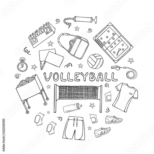 Set of doodle icons set in circle frame for postcards, web banners, etc.. Sport team equipment and accessories. Hand drawn vector illustration