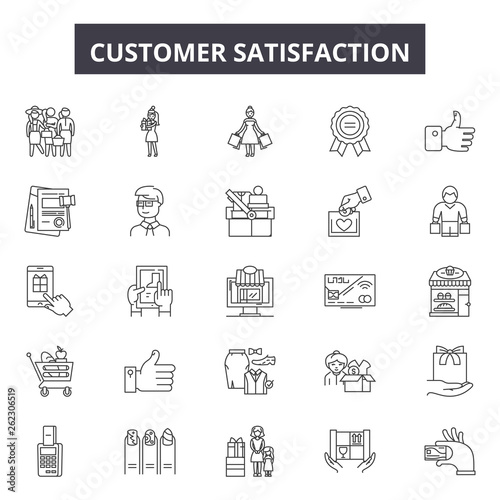 Customer satisfaction line icons, signs set, vector. Customer satisfaction outline concept illustration: customer,satisfaction,business,service,feedback,review,rating