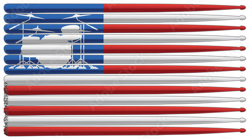 Drummer flag with drum set and drum sticks isolated vector illustration