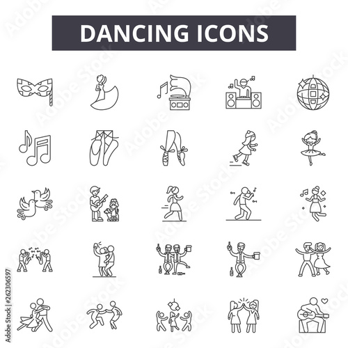 Dancing line icons, signs set, vector. Dancing outline concept illustration: dance,silhouette,party,music,woman
