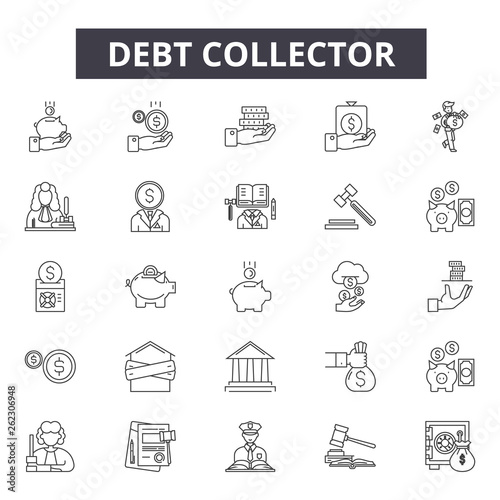 Debt collector line icons, signs set, vector. Debt collector outline concept illustration: debt,money,collector,business,finance,bank,concept,financial