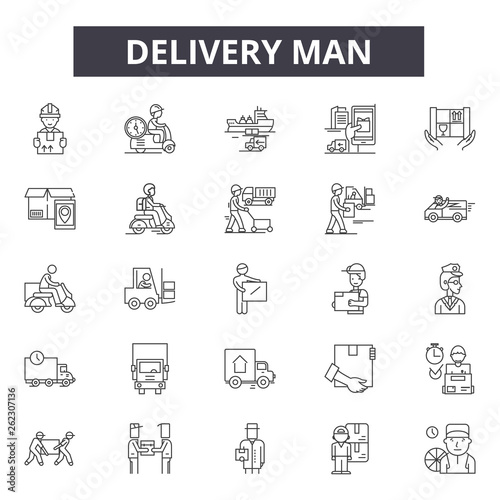 Delivery man line icons, signs set, vector. Delivery man outline concept illustration: man,delivery,service,box,courier,worker,package,job