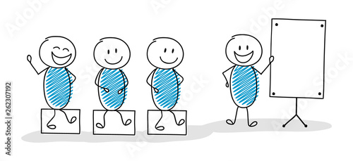 Funny stickman with empty white board and teamleader. Vector